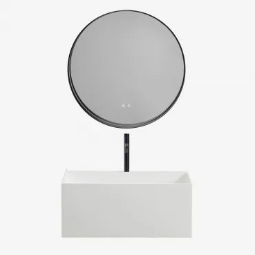 Nerine Zwevend Badkamermeubelset Van Hars Met Geïntegreerde Wastafel En Led-verlichting Wit & Round Led And Antifog Zwart Ø80 Cm - Sklum