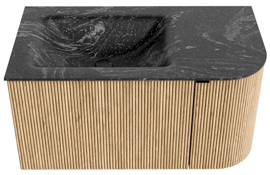 Mondiaz Kurve-dlux 85cm badmeubel ronding rechts oak met 1 lade en deur en wastafel cloud links zonder kraangat lava