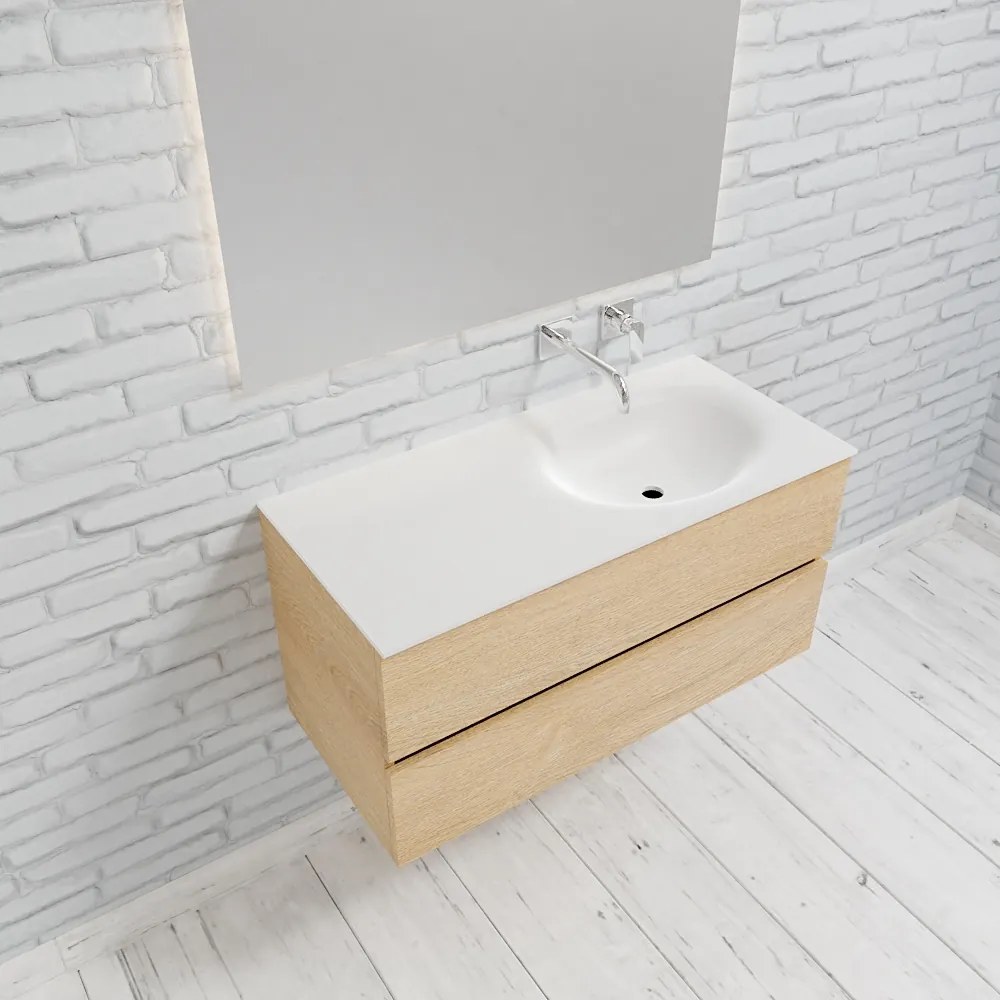 Zaro Sevilla Solid Surface badmeubel 100cm licht eiken zonder kraangat spoelbak rechts met 2 lades