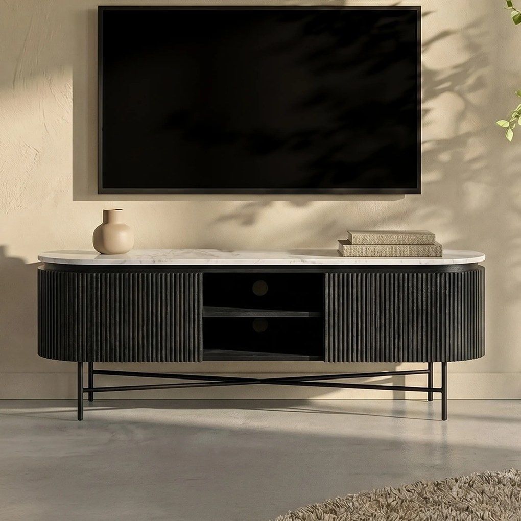 Ovaal Tv-meubel Zwart Met Wit Marmer - 150x40x54cm.
