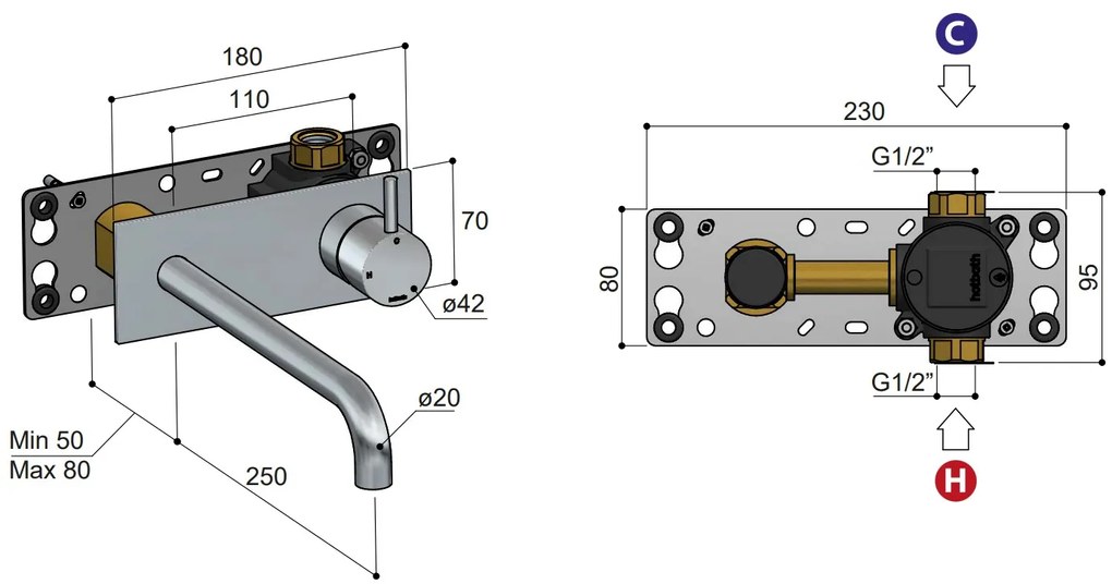 Hotbath Cobber inbouw wastafelkraan 25cm met plaat geborsteld koper PVD