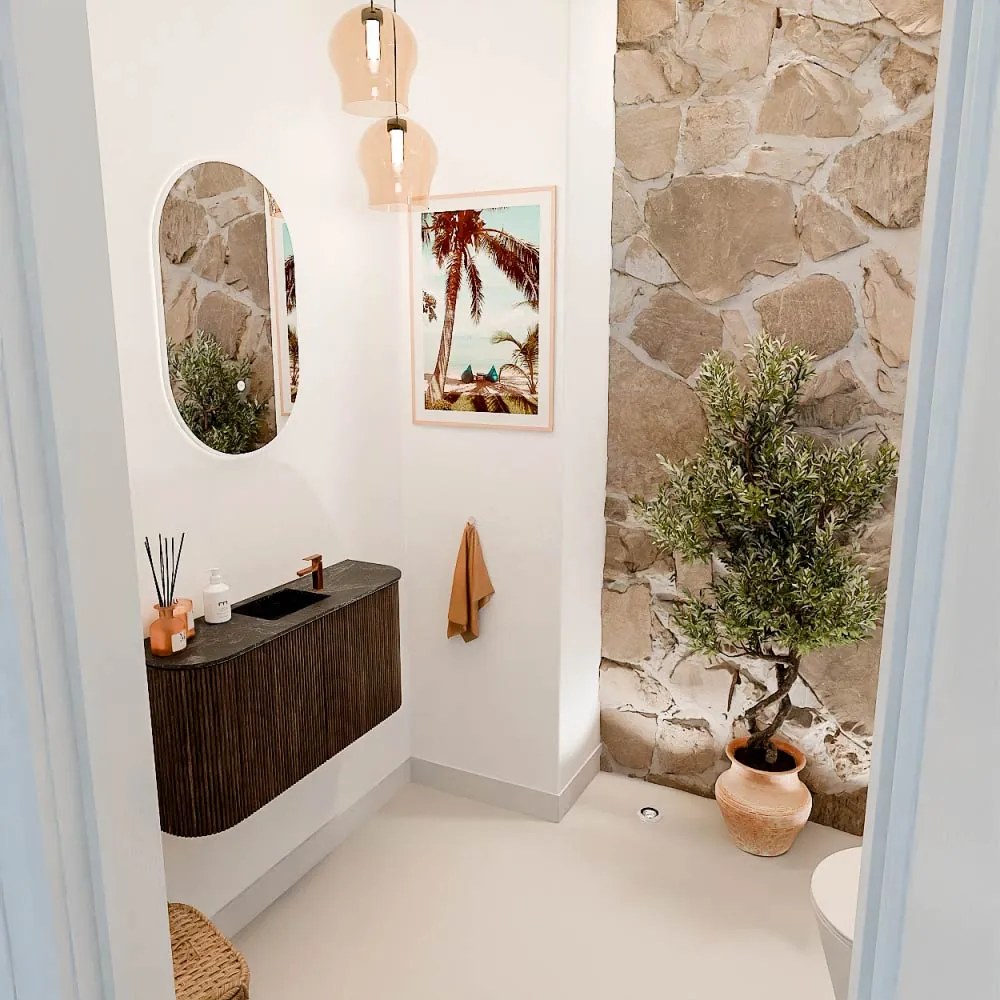 Mondiaz Joya DLux 85cm toiletmeubel ronding links/rechts walnut met wastafel faye midden 1 kraangat lava