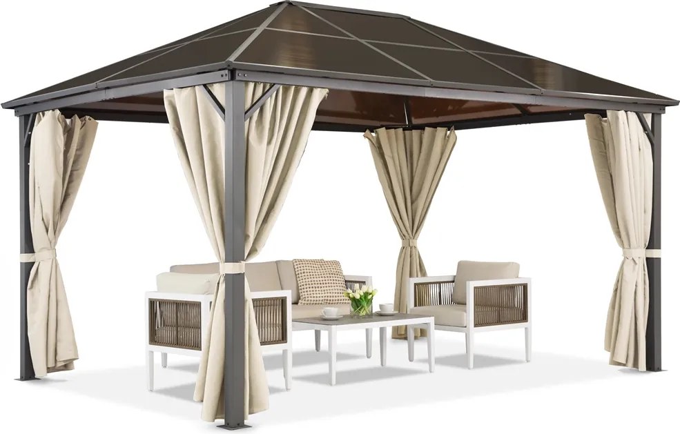 Milos tuinhuisje 3x4m met klamboe en crèmekleurige gordijnen Tuinpunt