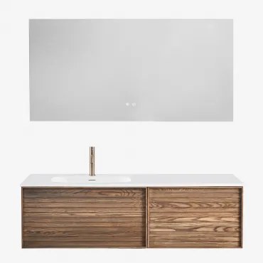 Badmeubelset Van Hout Met Geïntegreerde Wastafel Solea Ash Brown & Rectangular Led And Antifog 140x75 Cm Riben & Goud ↑20 - Sklum