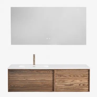 Conjunto Vaniteit Hangend 140x50 Cm In Hout Met Geïntegreerde Wastafel Solea Ash Brown & Geborsteld Goud ↑20 Cm Met Overloop Aftapventiel Orveta & Rec
