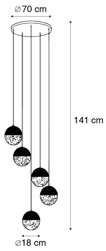 Industriële hanglamp zwart met messing 5-lichts - Haicha