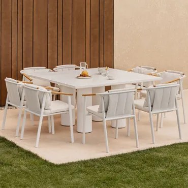 Set Van Een Vierkante Tafel Van 150x150 Cm Van Lissaboncement En 8 Yervin-tuinstoelen Van Aluminium En Boucléstof. Bouclé Natuurlijke Kleuren - Sklum