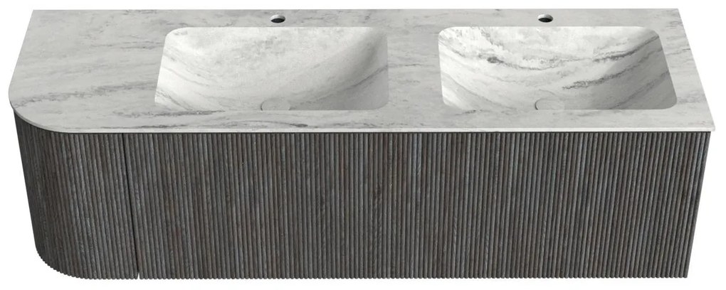 Mondiaz Kurve-dlux 145cm badmeubel ronding links shadow met 1 lade en deur en wastafel leaf dubbel/rechts 2 kraangaten opalo