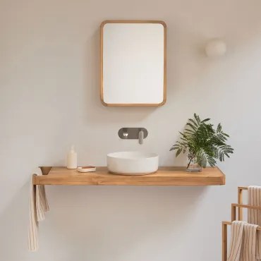 Conjunto Van Meubel 130x45 Cm Hangend In Teakhout Neill Teakhout & Rond Keramiek Wit Ø40 Cm Lenka & Geborsteld Grijs Ingebed Met Aftapkraan Zonder Ove