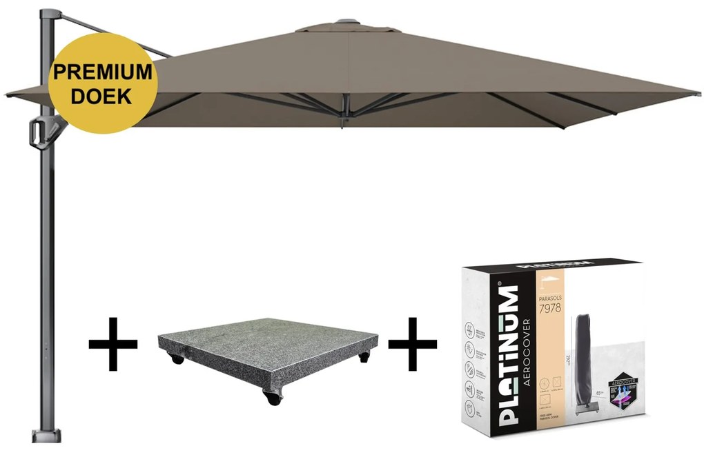 Challenger T1 telescope premium zweefparasol 350x350 cm havanna met 120KG voet en hoes