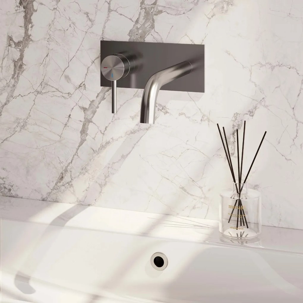 Brauer Brushed Edition ColdStart wastafelkraan inbouw gebogen uitloop met achterplaat model A2 RVS geborsteld PVD