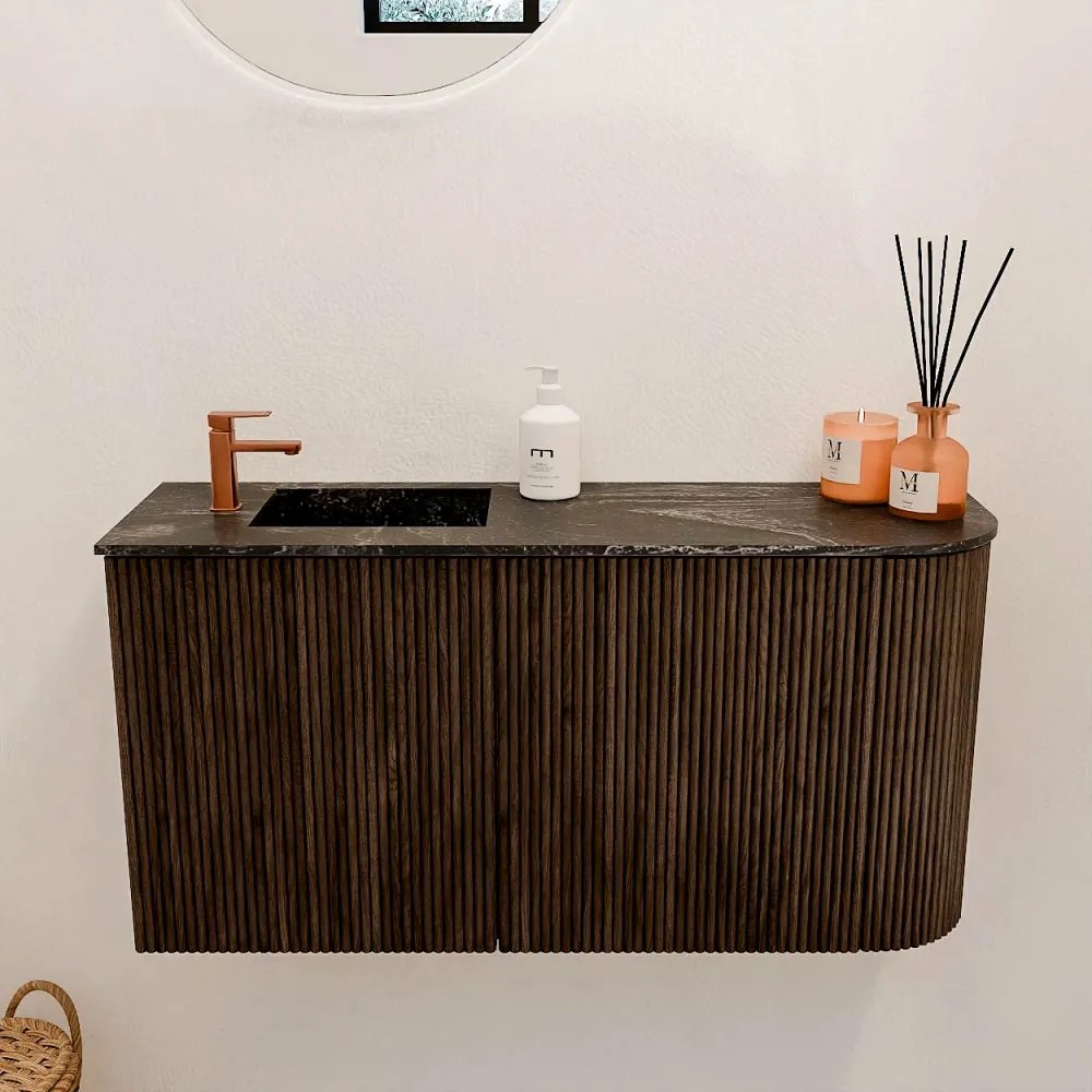 Mondiaz Joya DLux 80cm toiletmeubel ronding rechts walnut met wastafel faye links 1 kraangat lava