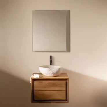 Jabari Zwevend Badkamermeubelset Van Teakhout Teakhout & Onregelmatige In Wit Cement ↔︎40 Cm Fedro & Rechthoekige Led En Anticondens - Sklum