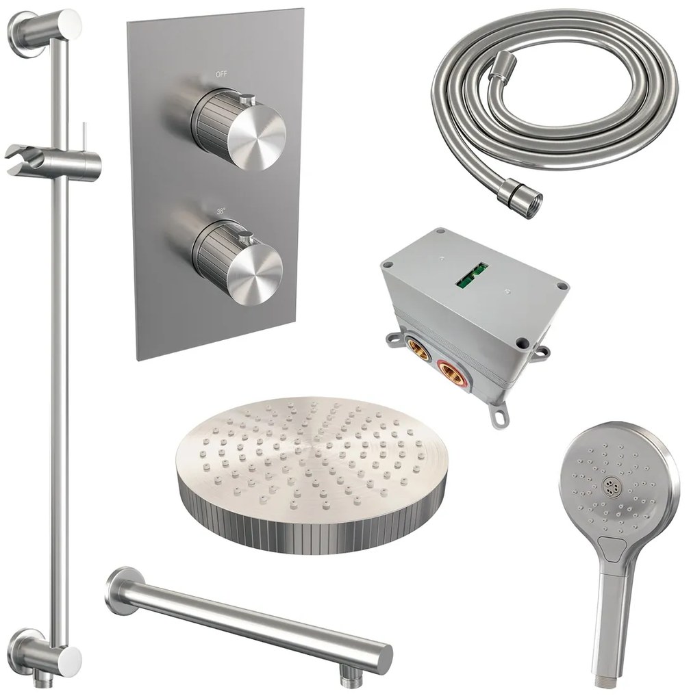 Brauer Stripe inbouw regendouche met 25cm hoofddouche, met rechte muurarm, glijstang en 3 standen handdouche set 22 RVS geborsteld PVD