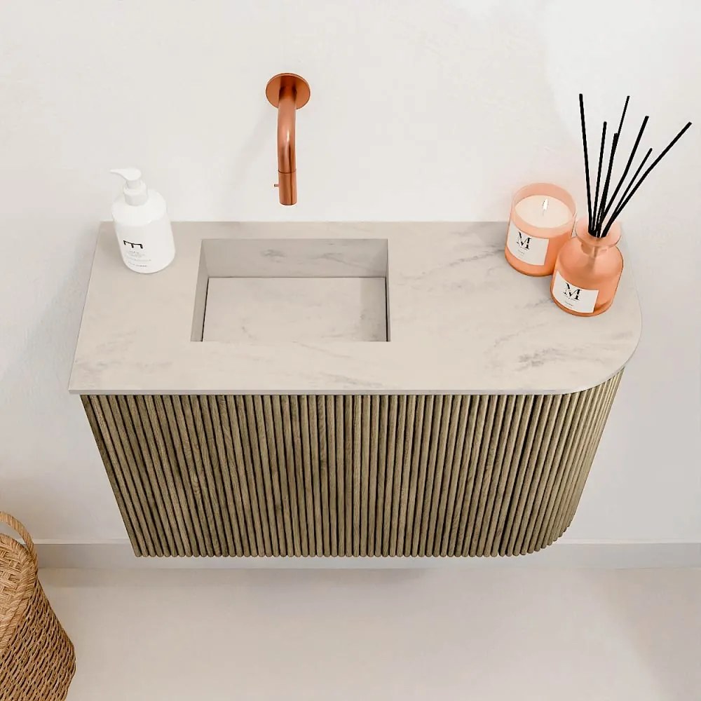 Mondiaz Joya DLux 60cm toiletmeubel ronding rechts dusk met wastafel faye links zonder kraangat opalo