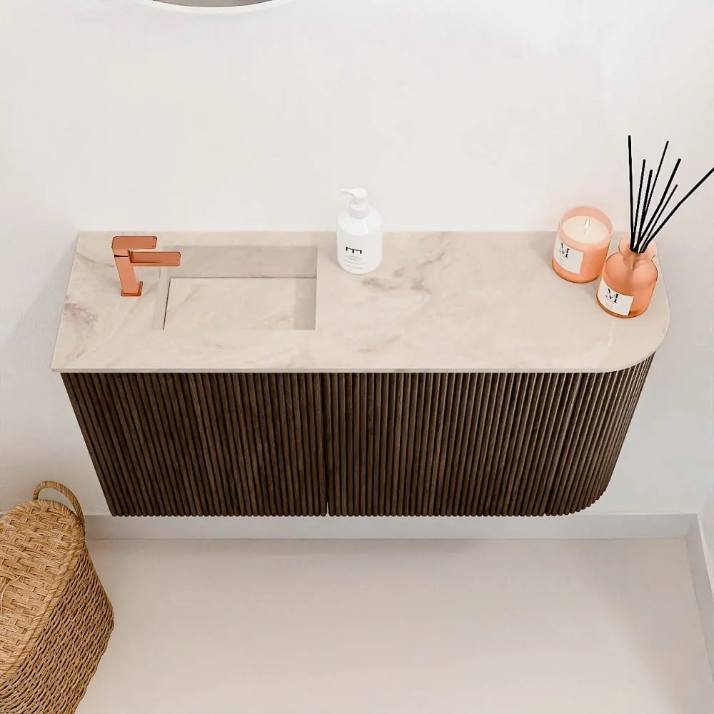 Mondiaz Joya DLux 80cm toiletmeubel ronding rechts walnut met wastafel faye links 1 kraangat frappe