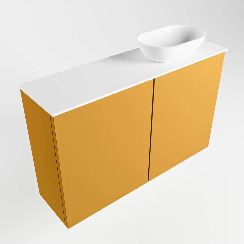 Mondiaz Fowy toiletmeubel 80cm ocher met witte waskom rechts zonder kraangat