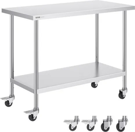 VEVOR RVS werktafel, verrijdbare keukentafel, 3 verstelbare hoogtes, robuuste voedselbereidingstafel voor commerciële keukens en restaurants 610 x 1219 x 954,6 mm