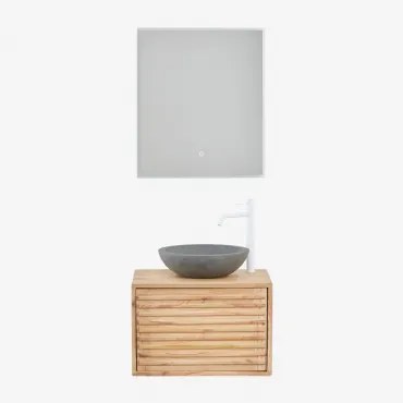 Deleyna Wandgemonteerde Houten Badkamermeubelset Natuurlijk Hout & Rond Grijs Cement Ø40 Cm Tarsis & Rechthoekige Led En Anticondens 60x70 Cm - Sklum