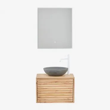 Hangend Badkamermeubelset 60x45 Cm In Hout Deleyna Natuurlijk Hout & Rond Grijs Cement Ø40 Cm Tarsis & Rechthoekige Led En Anticondens 60x70 Cm Riben