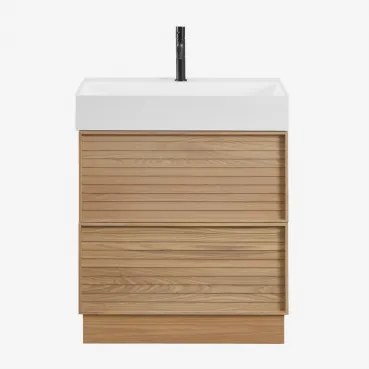 Badmeubelset 70x50 Cm Van Hout Met Geïntegreerde Wastafel Jolene Natuurlijk Hout & Spiegelloze & Mat Zwart ↑20 Cm Met - Sklum