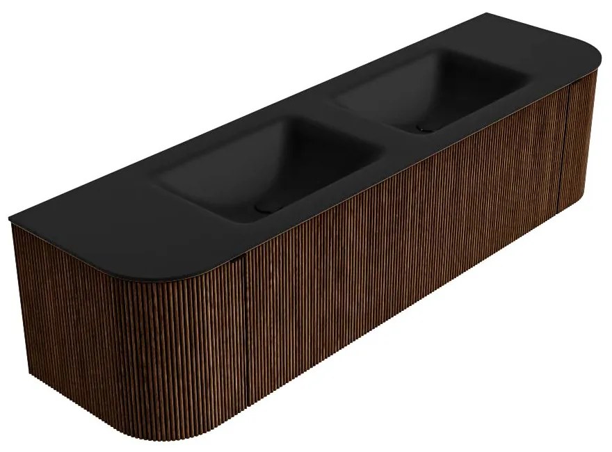 Mondiaz Kurve 170cm badmeubel ronding links/rechts walnut met 1 lade en 2 deuren en wastafel cloud dubbel zonder kraangat urban