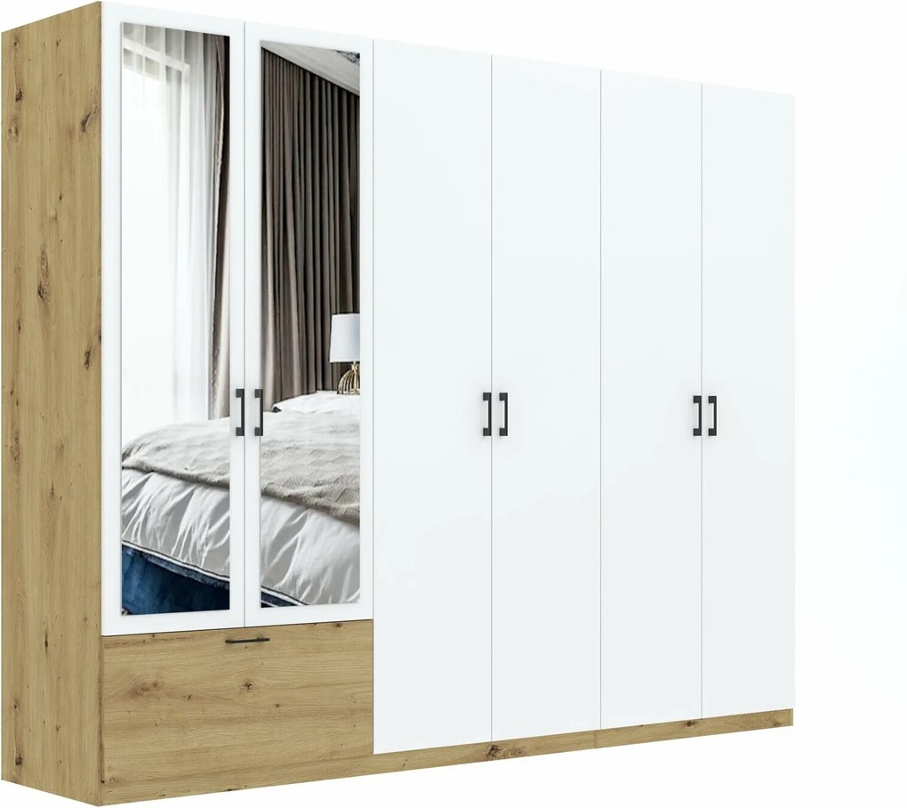 Kledingkast Bristol 215, Artisan eiken, Wit, 210x269x54cm, 198 kg, Kledingkast deuren: Met scharnieren, Aantal planken: 5, Aantal planken: 5