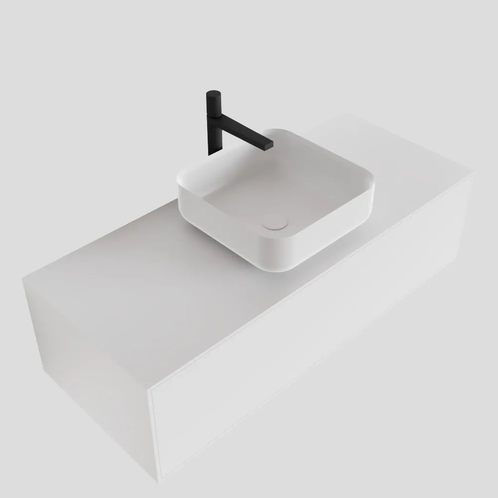 Zaro Lagom volledig naadloos solid surface onderkast met topblad 110cm mat wit met 1 lades Push tot open. Compleet met solid surface opzetkom met 1 kraangat(en)