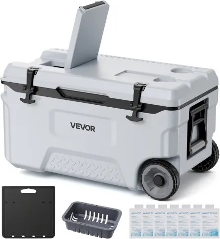 VEVOR Koelbox, 49 liter passieve koelbox met wielen, houdt voedsel tot 48 uur koel, geïsoleerde box met ijsbehoud, koelbox zonder elektriciteit, ultralicht voor picknicks, barbecues en kamperen