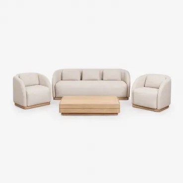 Woonkamerset Met 3-zitsbank, 2 Fauteuils En Rechthoekige Salontafel 130x75 Cm Van Veronese Acaciahout Lichte Acaciekleur - Sklum