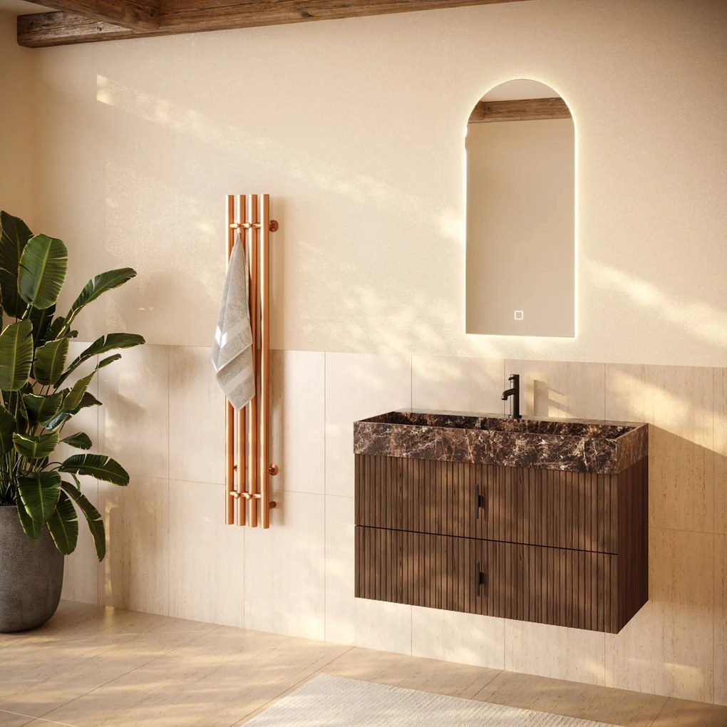 Muebles Murcia badmeubel ribbelfront 100cm walnoot met Dark Emperador wastafel met kraangat