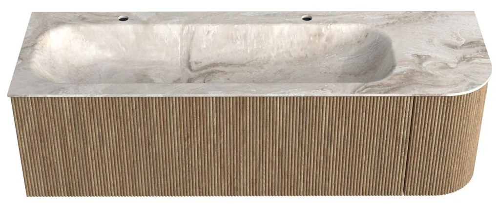 Mondiaz Kurve-dlux 145cm badmeubel ronding rechts dusk met 1 lade en deur en wastafel big large links 2 kraangaten frappe