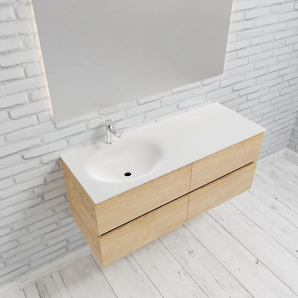 Zaro Sevilla Solid Surface badmeubel 120cm licht eiken 1 kraangat spoelbak links met 4 lades