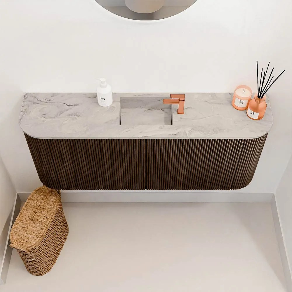 Mondiaz Joya DLux 105cm toiletmeubel ronding links/rechts walnut met wastafel faye midden 1 kraangat glace