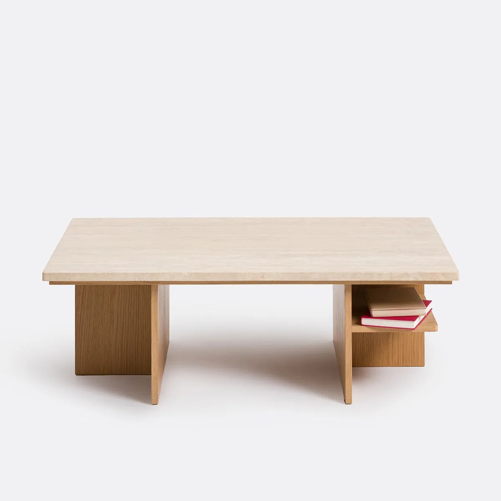 Salontafel XL, travertin en eikenfineer, 120 cm breed, CALISTE