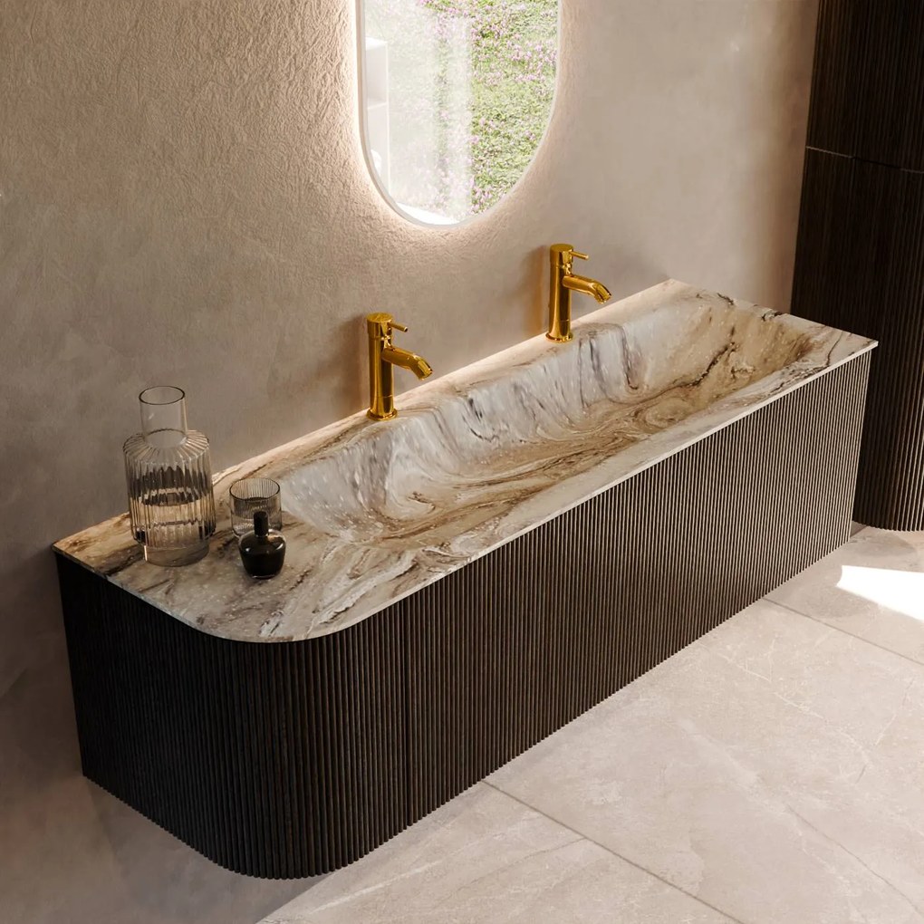 Mondiaz Kurve-dlux 145cm badmeubel ronding links shadow met 1 lade en deur en wastafel big large rechts 2 kraangaten glace