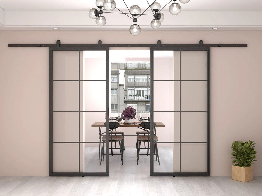 Dubbele Stalen Schuifdeur Smartline 8-vaks Met Helder Glas - Zwart - Incl. Rails
