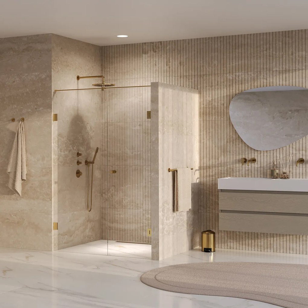 Brauer Void Carving profielloze nisdeur 140cm met draaideur 70cm aan muur messing geborsteld PVD