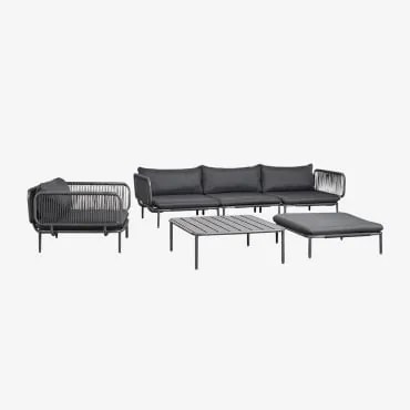 3-delige Modulaire Tuinbank Met 2 Hoekfauteuils, Poef, Fauteuil En Roubly Salontafel Grijs – Grafiet - Sklum