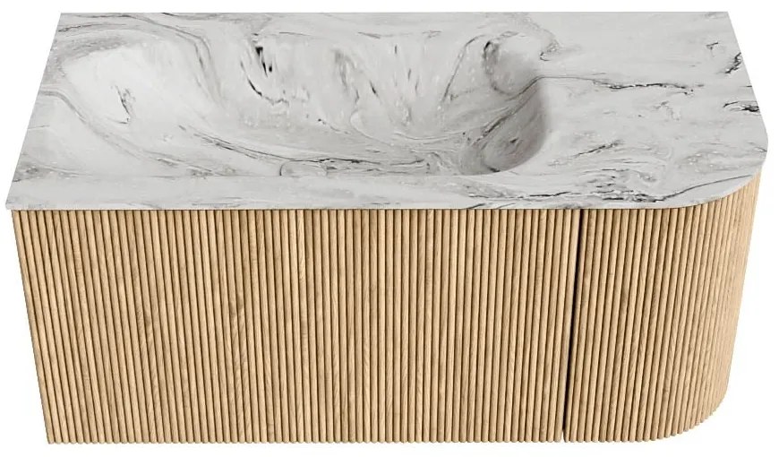 Mondiaz Kurve-dlux 95cm badmeubel ronding rechts oak met 1 lade en deur en wastafel big small links zonder kraangat glace