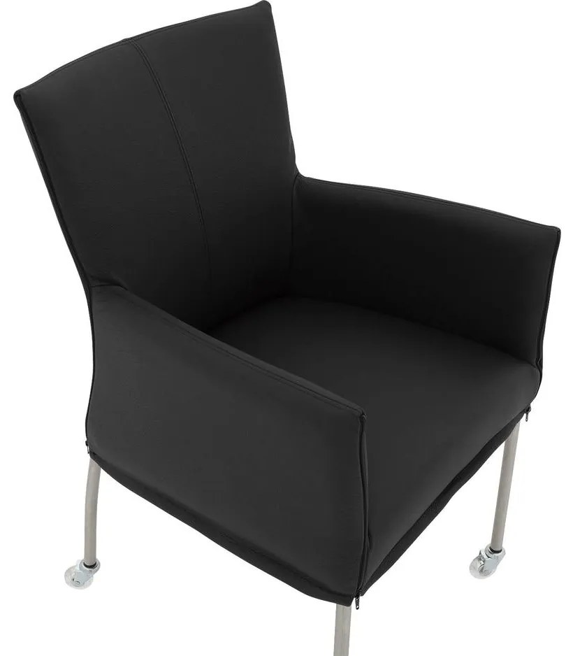 Goossens Eetkamerstoel Funk RVS Poten zwart leer met armleuning en Transparant skater wiel met rvs kapmet wielen, modern design