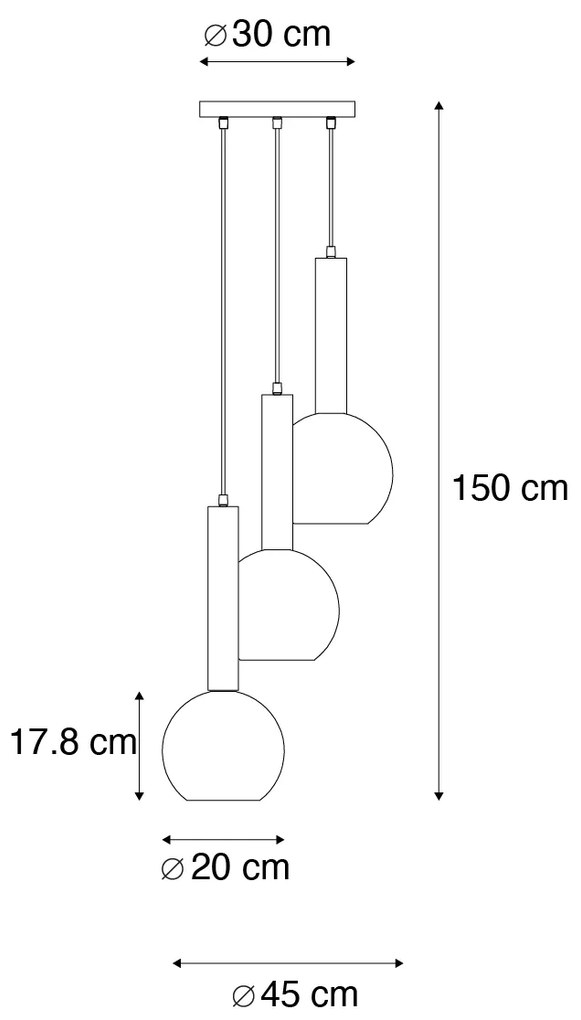 Moderne hanglamp zwart met smoke glas 3-lichts - Clayton Modern E27 bol / globe / rond Binnenverlichting Lamp