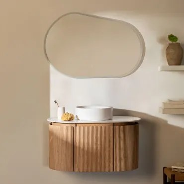 Carsone Houten Badkamermeubelset Natuurlijk Hout & Zonder Extra Eenheid & Rond Keramiek Wit Ø40 Cm Lenka & Ovaal Led En Anticondens 100x80 Cm - Sklum