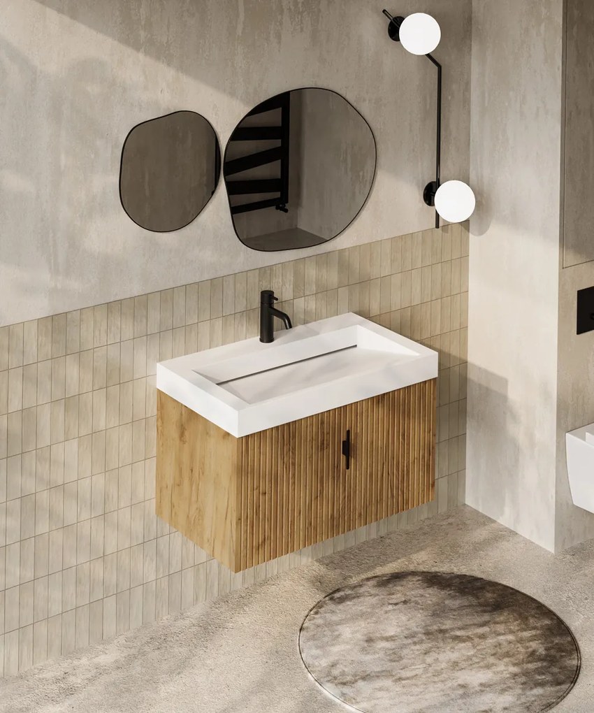 Muebles Calas badmeubel ribbelfront 80cm warm eiken met solid surface wastafel met kraangat