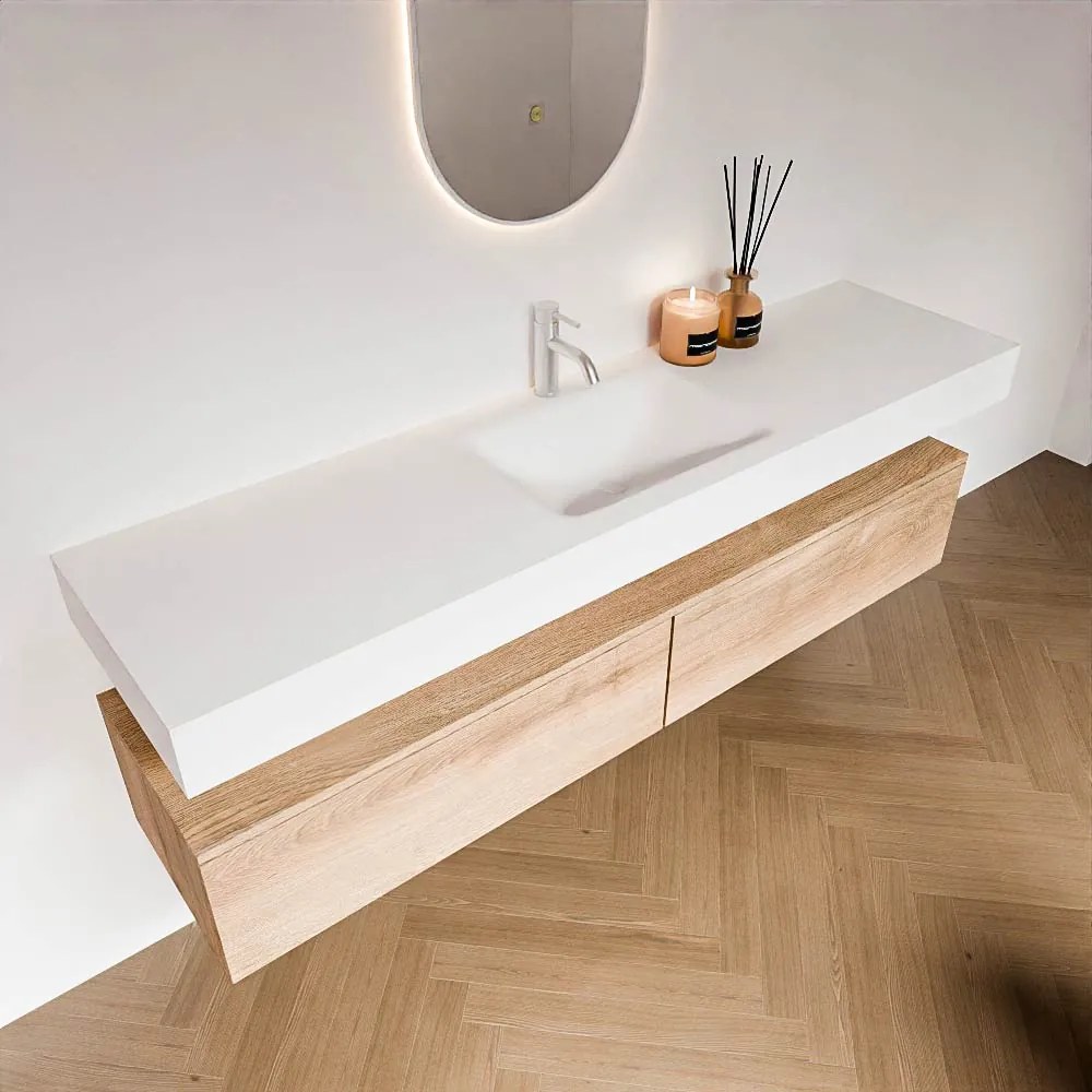 Zaro Alan badmeubel 180cm washed oak 2 lades met vrijhangende wastafel cloud midden 1 kraangat talc