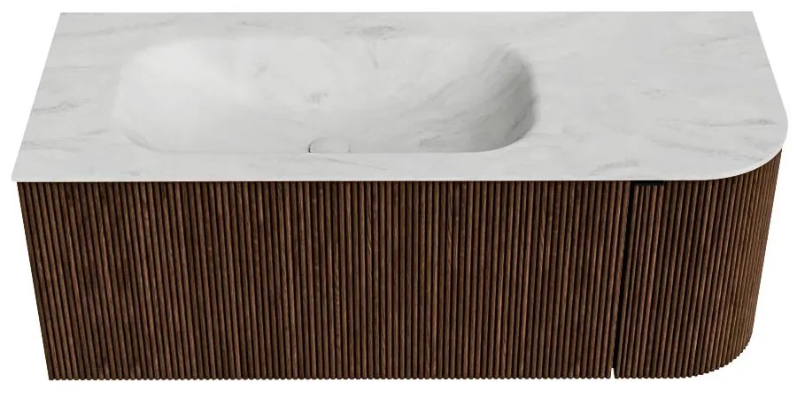 Mondiaz Kurve-dlux 115cm badmeubel ronding rechts walnut met 1 lade en deur en wastafel big small links zonder kraangat opalo