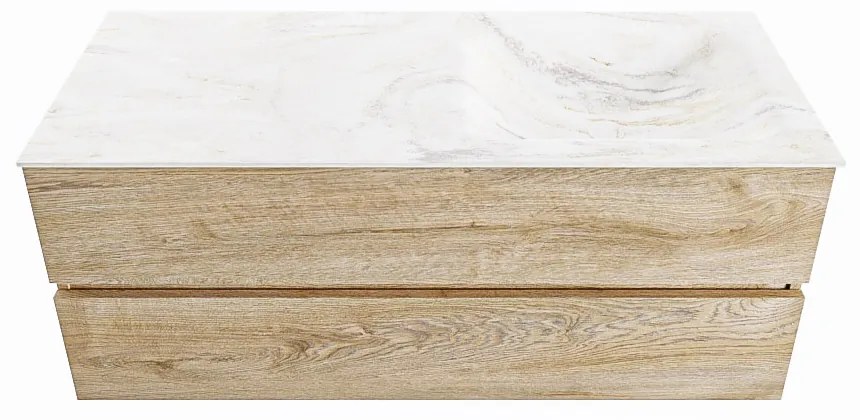 Mondiaz Vica DLux badmeubel 120cm washed oak 2 lades met wastafel ostra rechts 1 kraangat