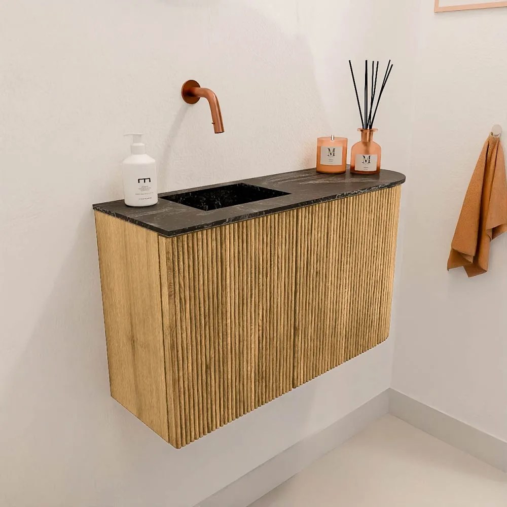 Mondiaz Joya DLux 70cm toiletmeubel ronding rechts oak met wastafel faye links zonder kraangat lava