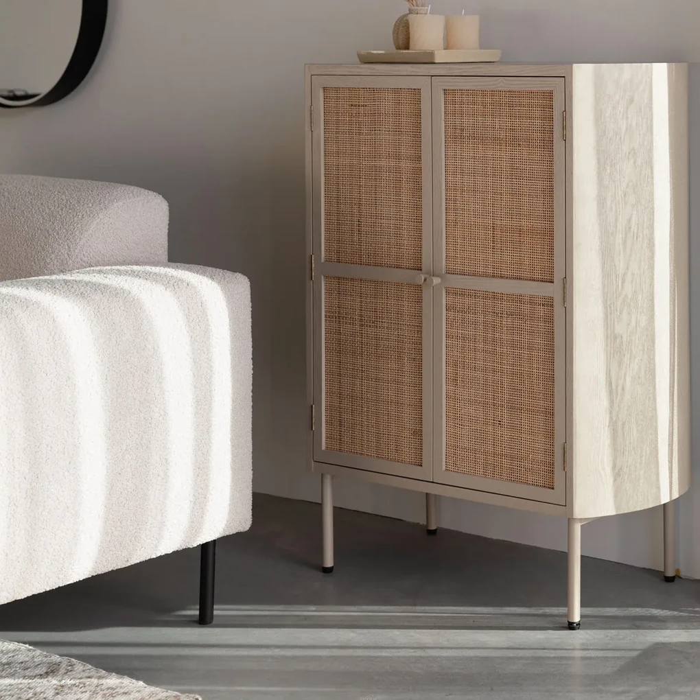 Beige Wandkast Met Rotan Deuren - 80x38x100cm.