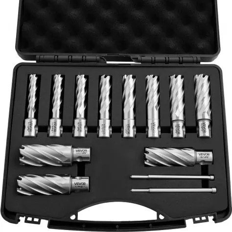 VEVOR HSS kernboorbitset, Weldon-schacht, 13-delig, magnetische boorbitset, snijdiameter 11,11–26,98 mm, 11 boren met 2 centreerpinnen, snijdiepte 50,8 mm, kunststof koffer, voor magnetische boormachines, staal